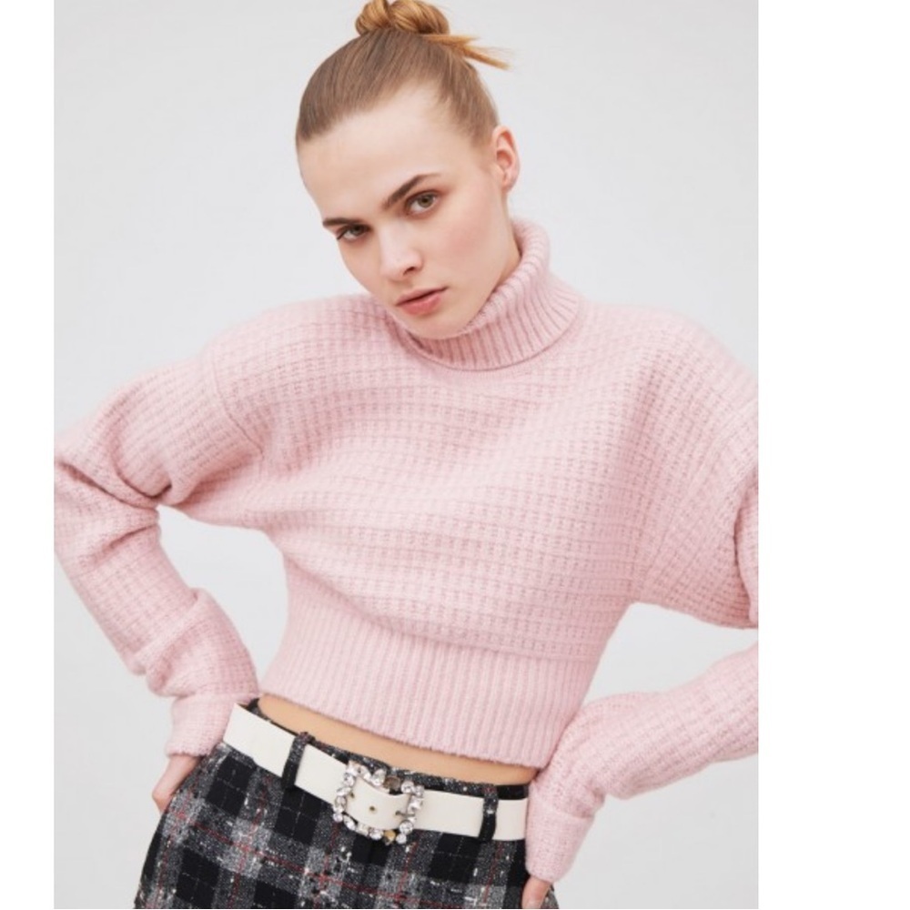 For Love & Lemons  ‘Madeline’ Turtleneck Crop Sweater  large pink waffle knit - Picture 4 of 16